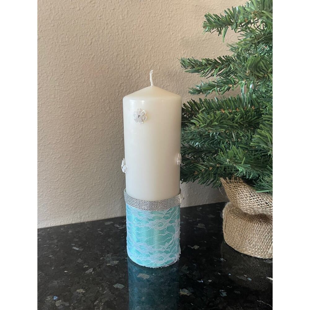 Turquoise Blue Handcrafted Pillar Candle With Butterflies